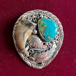 VINTAGE Navajo Sterling Silver Turquoise Coral Bolo Tie Pendant by Roy B Platero